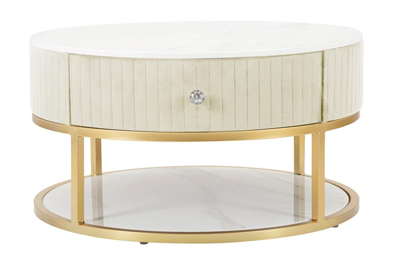 Tavolino basso rotondo moderno in metallo dorato e tessuto cm 75x36h