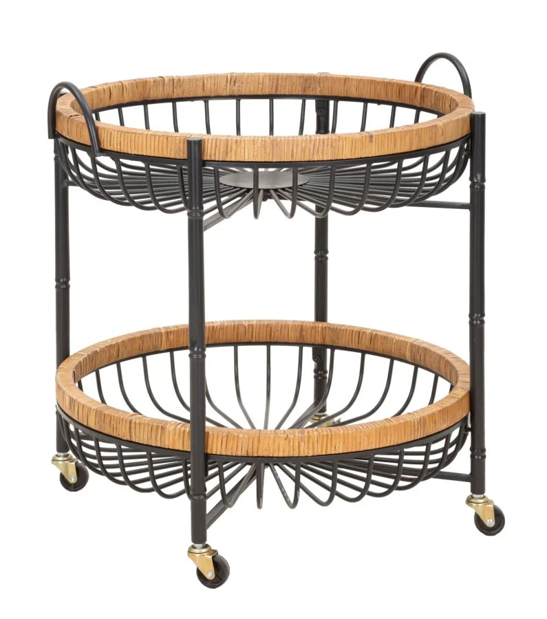 Carrello tondo con 2 cestini in metallo e rattan stile industriale cm 57x55x62h
