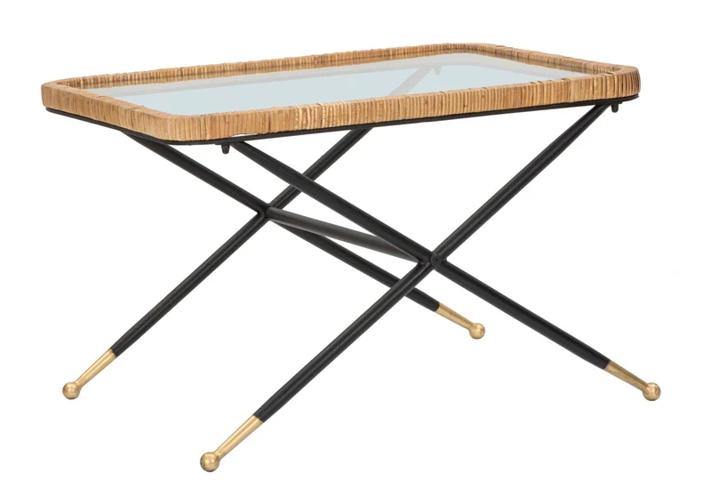 Tavolino basso rettangolare in metallo piano in vetro e rattan cm 70x50x45h