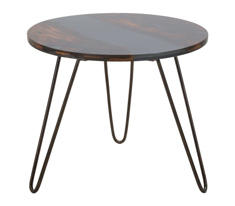 Tavolino tondo da salotto ingresso piano in legno di acacia gambe in metallo cm 50x45h