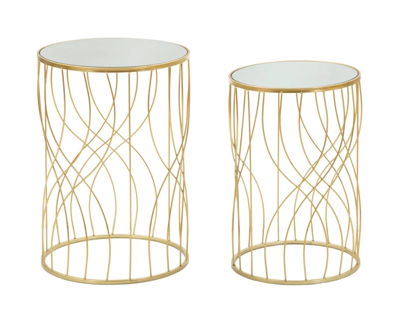 Set da 2 Tavolino design da salotto struttura dorata in metallo piano con specchio