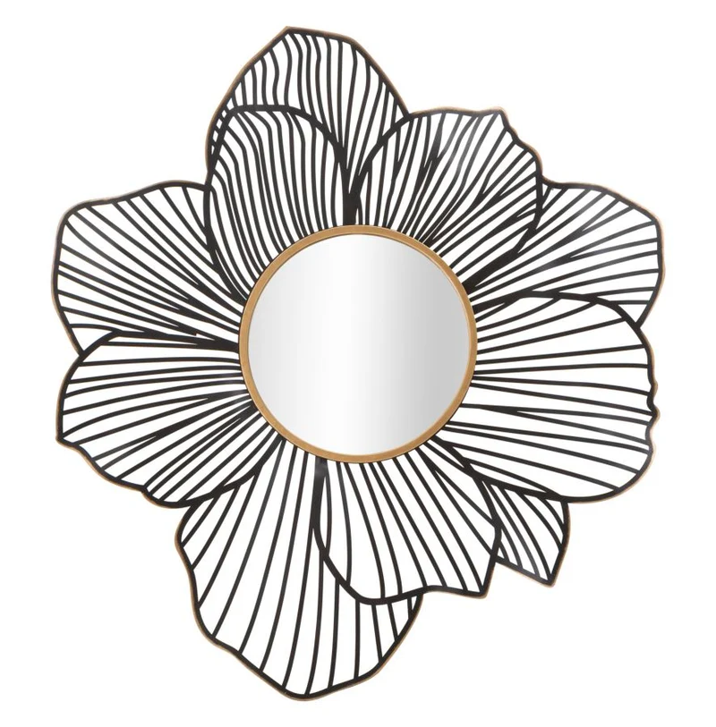 Specchio tondo cornice con fiore in metallo colore nero e oro cm 79x6x86h