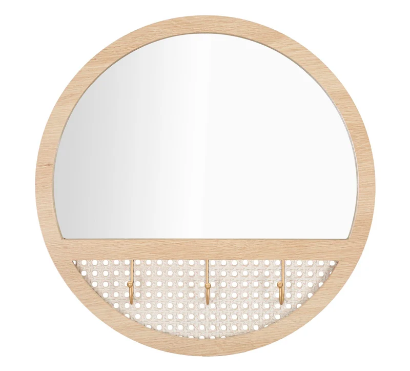Specchio moderno rotondo in legno e metallo con appendini cm 50x5