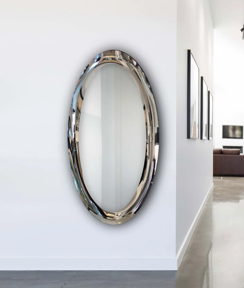Specchiera ovale design moderno cornice in vetro argento cm 75x180h