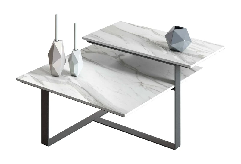 Tavolino da salotto con doppio piano gres marmo lucido bianco cm 75x65x38h