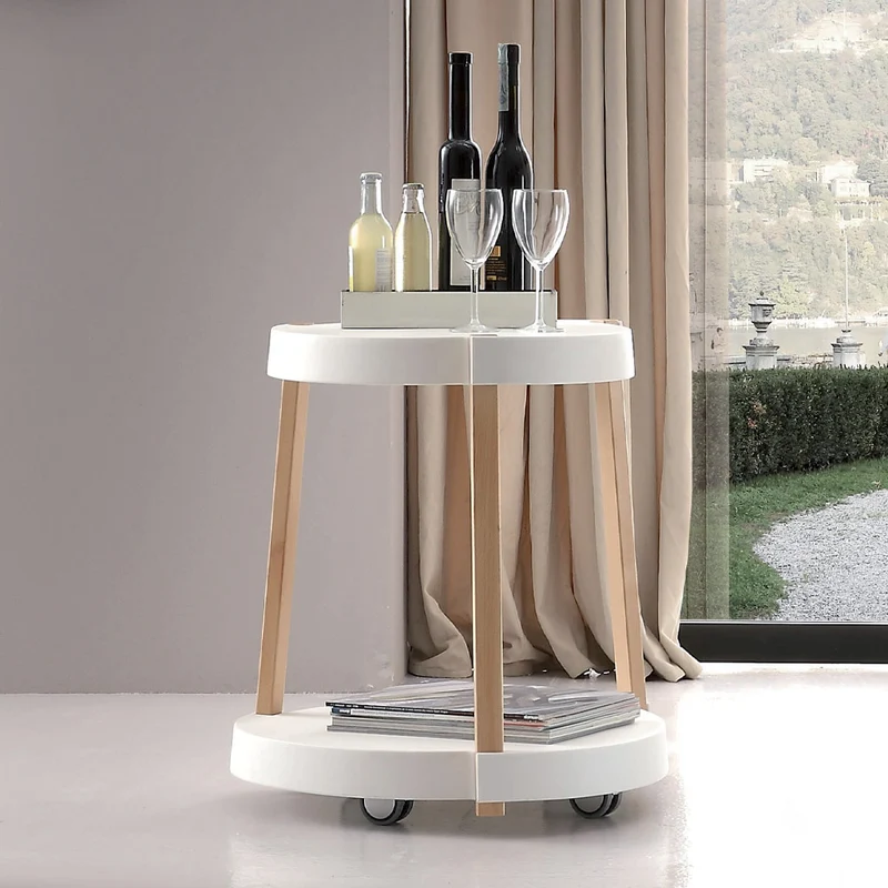 Tavolino tondo con ruote supporti in faggio naturale piano bianco cm 55x62h