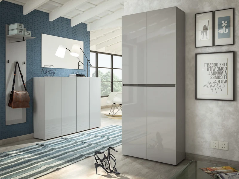 Set ingresso moderno armadio e scarpiera grigio lucido con specchio