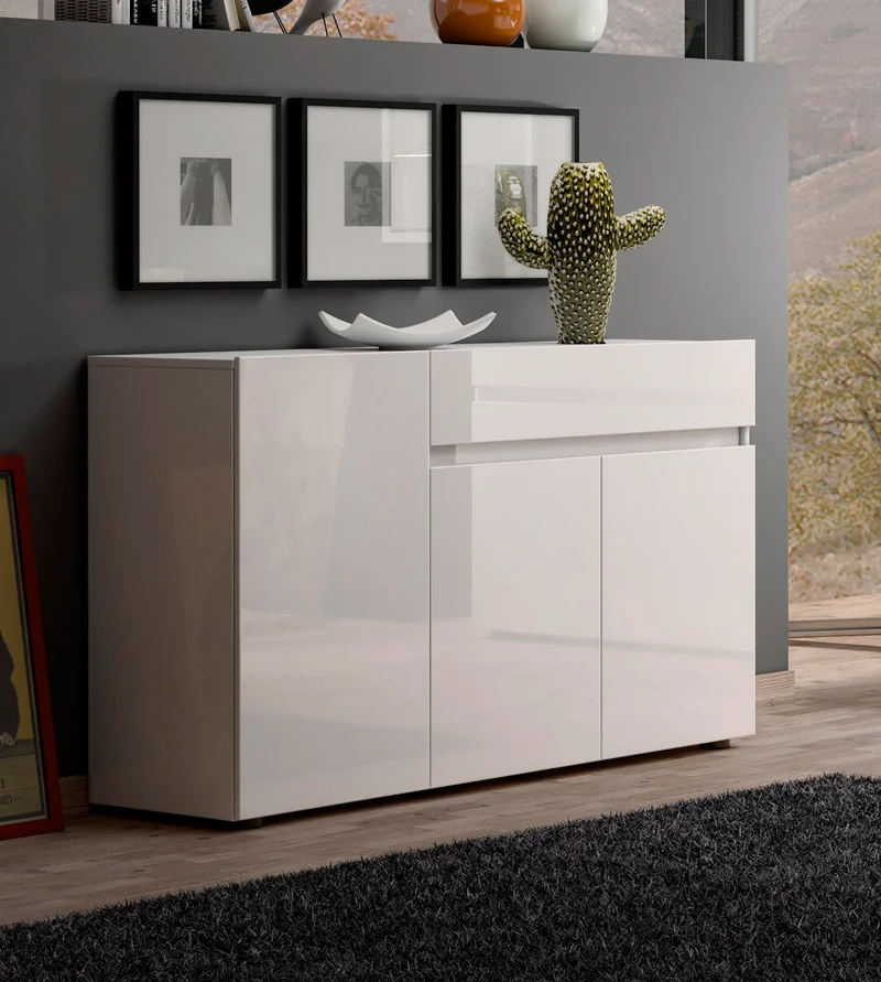 Mobile living moderno 3 ante e cassetto colore bianco lucido cm 135x38x79h