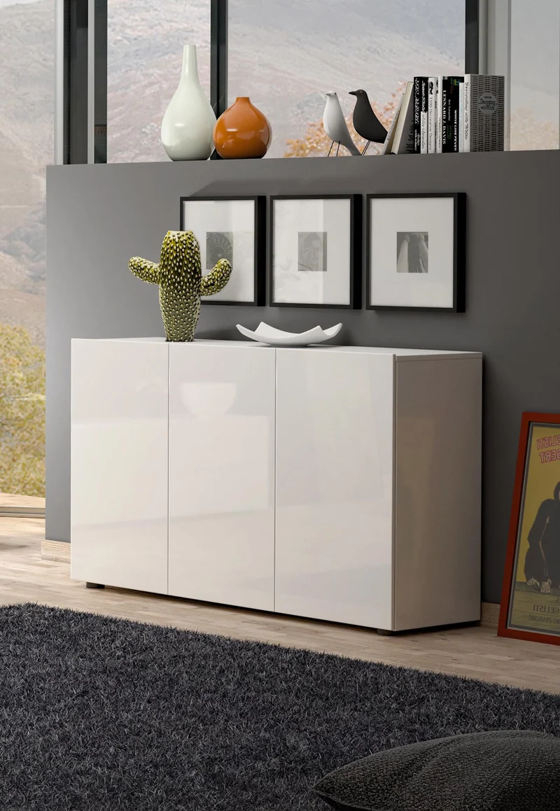 Madia 3 ante zona giorno moderna colore bianco lucido cm 135x38x79h
