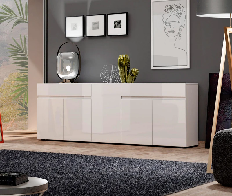 Mobile buffet moderno 5 ante e 2 cassetti bianco lucido cm 225x38x79h