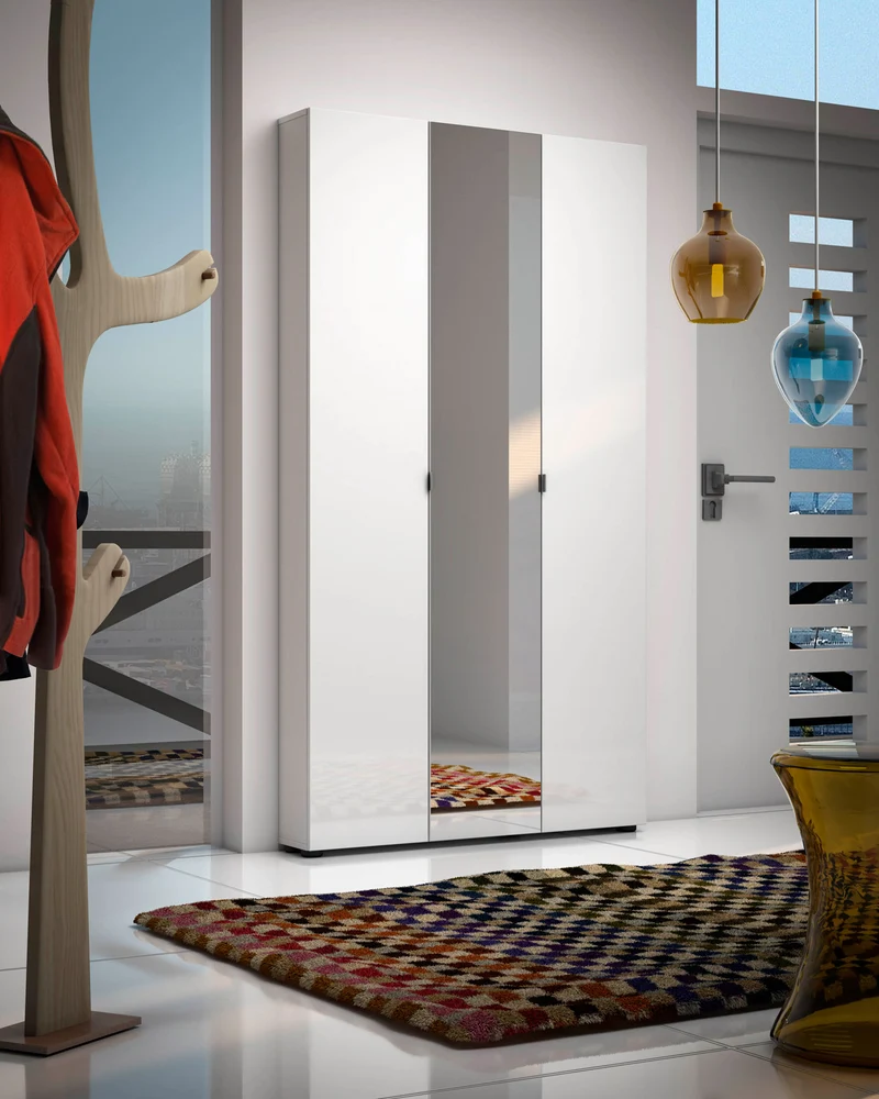Scarpiera grande armadio 3 ante con specchio 22 ripiani colore bianco lucido cm 110x19x198h