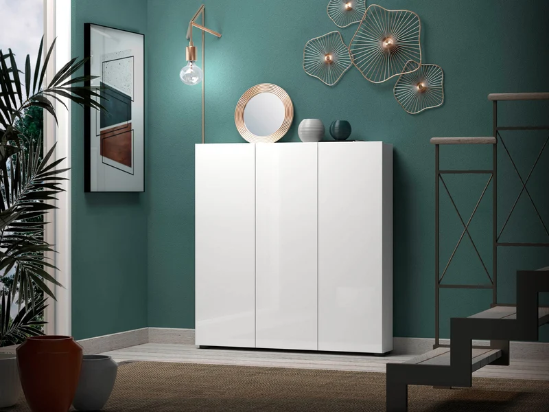 Scarpiera 3 ante da ingresso design moderno bianco lucido cm 110x19x115h