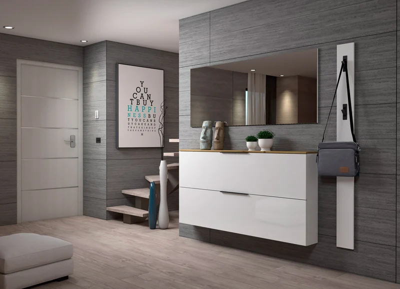 Set da ingresso moderno con scarpiera sospesa appendiabiti e specchio colore bianco