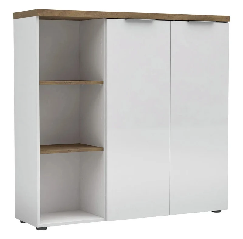 Mobile con ante e vani per ufficio moderno bianco lucido e rovere cm 120x34x115h