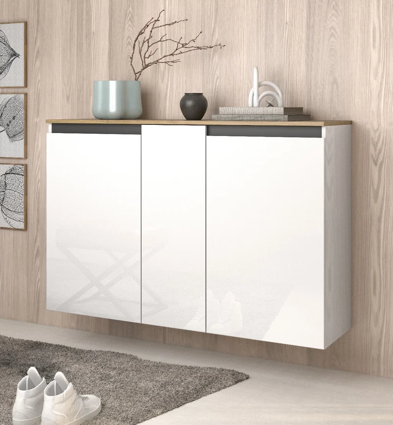 Scarpiera sospesa 3 ante salvaspazio bianco lucido e rovere cadiz cm 130x35x85h