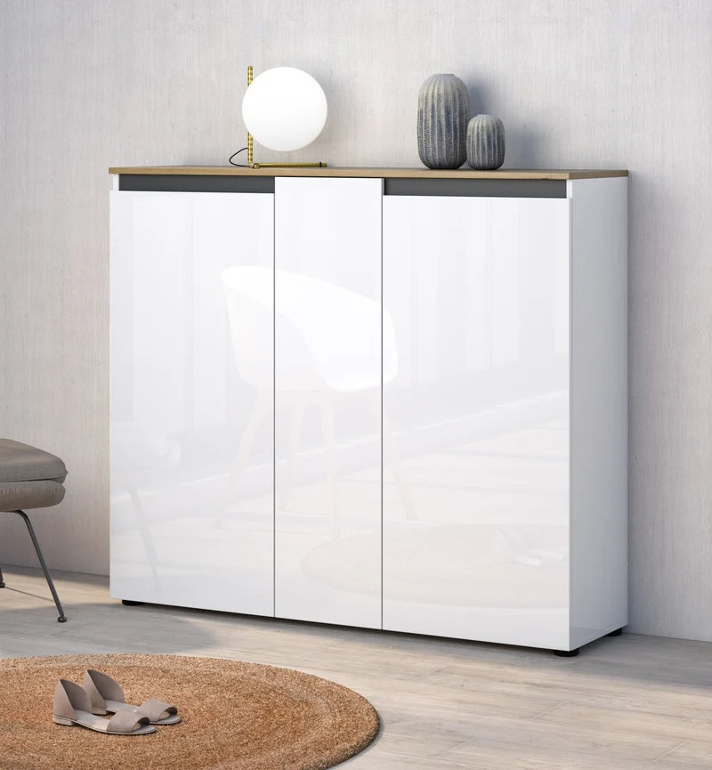 Scarpiera a terra modera salvaspazio e ante bianco lucido cm 130x35x113h