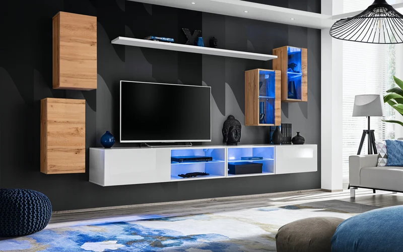 Dazia - Soggiorno parete attrezzata moderna bicolore con luci a led - vari colori