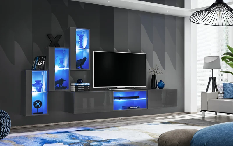 Farnisia - Parete moderna sospesa living con base tv e vetrinette - vari colori