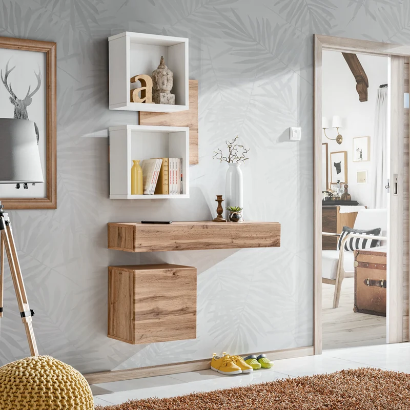 Ofemia - Set ingresso con pensili e vani bianco opaco e rovere cm 100x30x170h