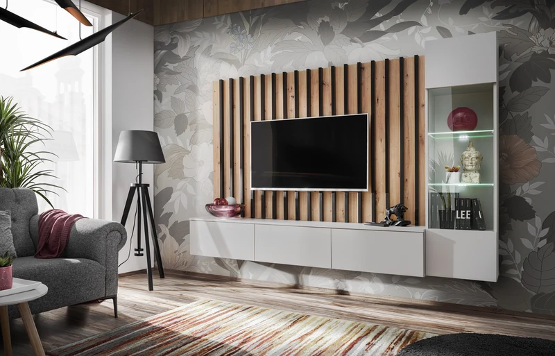 Mina - Parete attrezzata moderna sospesa perla grey e pannello a righe cm 220x35x148h