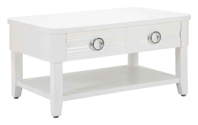 Tavolino da caffè 2 cassetti lavorati e ripiano in legno bianco cm 90x60x47h