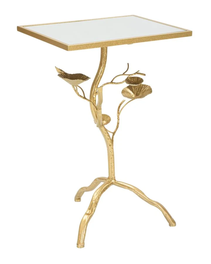 Tavolino da salotto base in metallo con foglie piano a specchio cm 40x30x60h