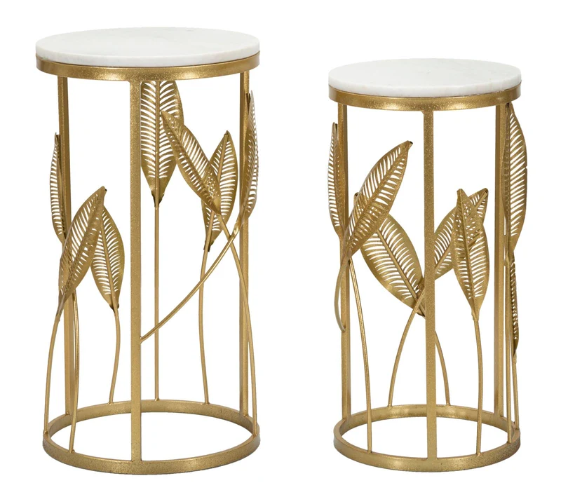 Set da 2 Tavolino da salotto in metallo dorato con foglie piano effetto marmo