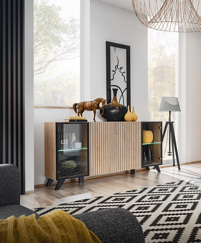 Barika - Madia 4 ante con vetrinetta moderna colore quercia e nero cm 160x40x82h