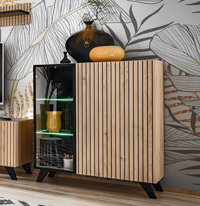 Kubra - Mobile 2 ante con vetrina e luci a led colore quercia con serigrafie cm 90x40x102h