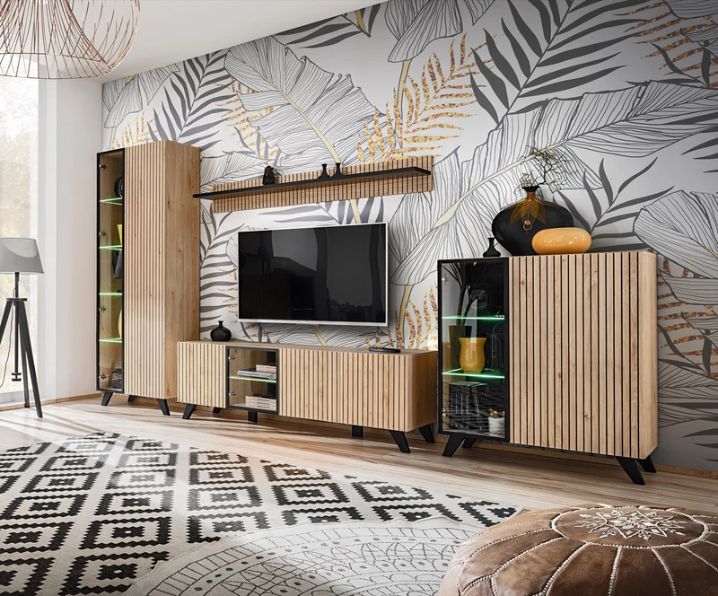 Hasam - Soggiorno a parete con porta tv vetrine e mensola quercia con serigrafia a righe