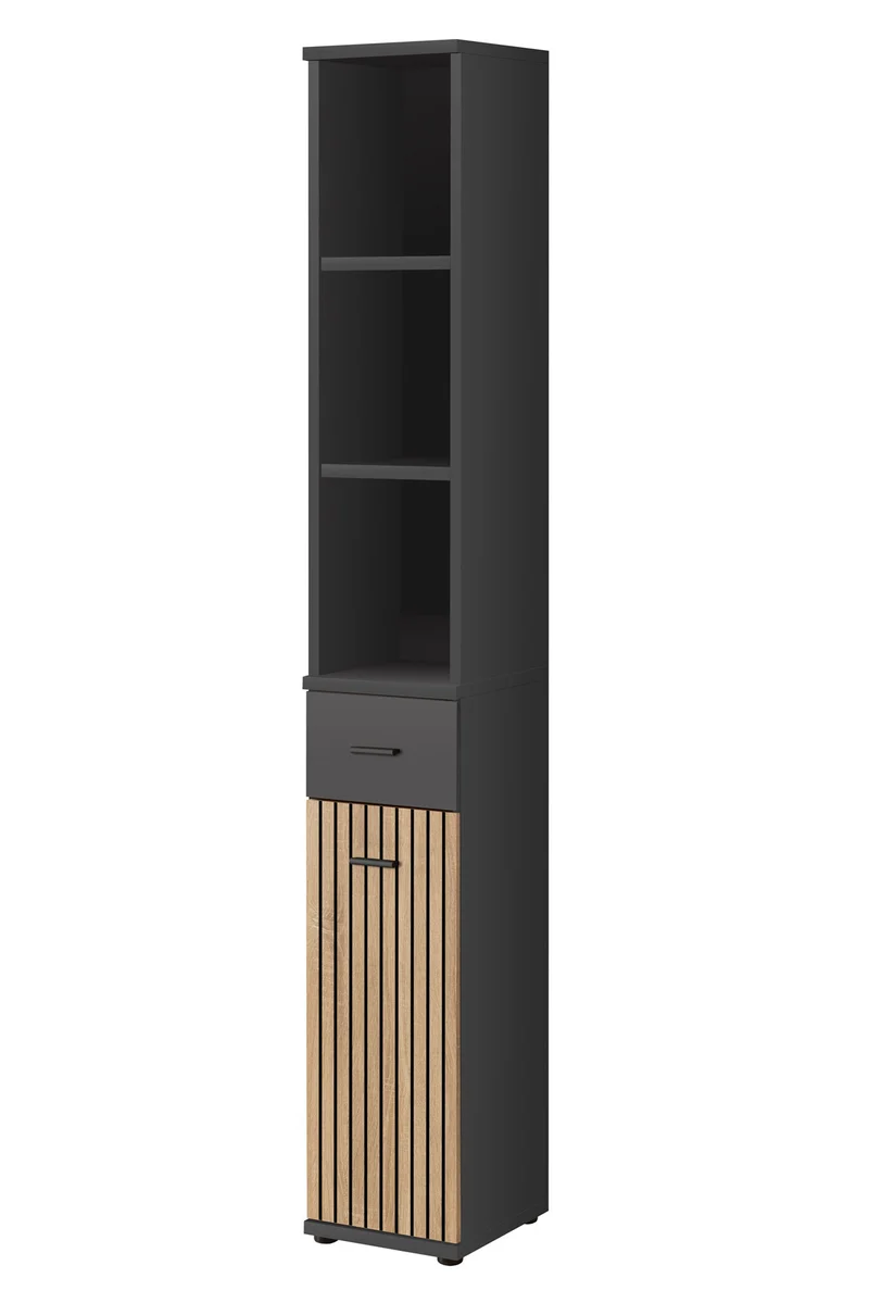 Nazih - Mobile a colonna con anta cassetto e scaffale colore quercia e antracite cm 30x32x203h