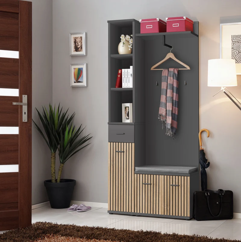 Halim - Mobile ingresso con appendiabiti e panchetta quercia e antracite cm 90x32x203h