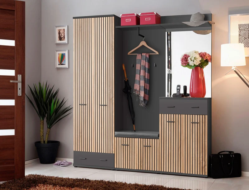 Katib - Set ingresso con armadio quercia e fantasia a righe cm 180x32x203h