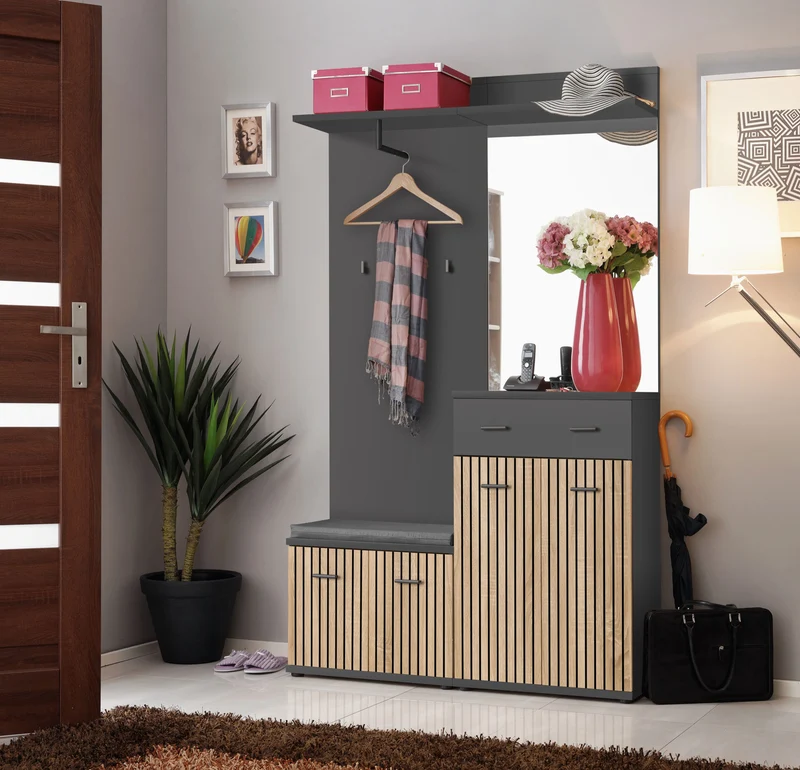 Jalam - Composizione ingresso con specchio mobile e panchetta quercia e antracite cm 120x32x203h