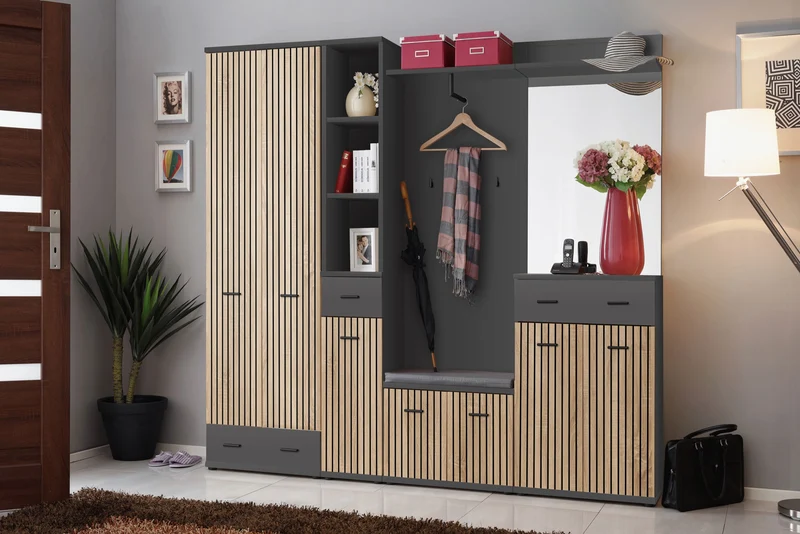 Lamsy - Composizione mobili da ingresso antracite e quercia con fantasia a righe cm 210x32x203h