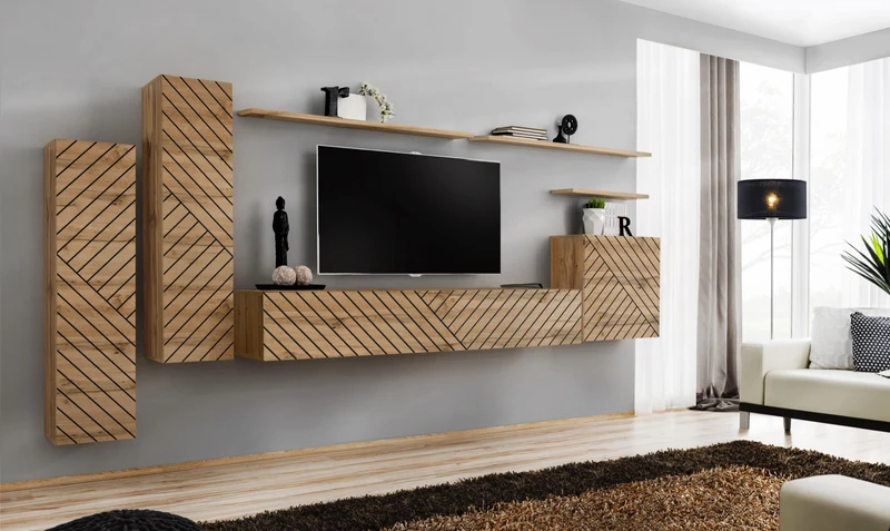 Makin - Parete sospesa moderna con pensili in legno quercia e righe nere incise