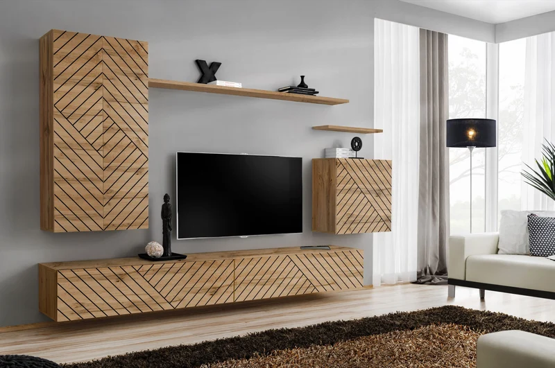 Saky - Parete componibile per living pensili colore quercia con linee incise nere