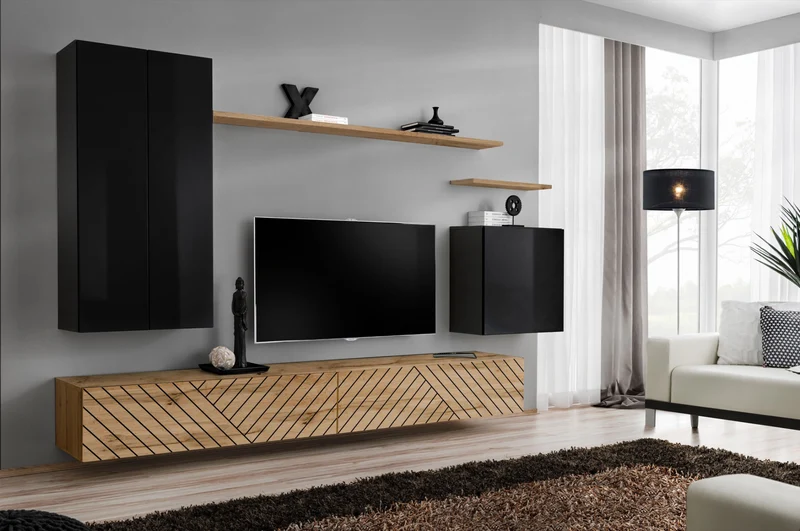 Kepp - Parete soggiorno componibile colore nero e quercia con linee nere - vari colori