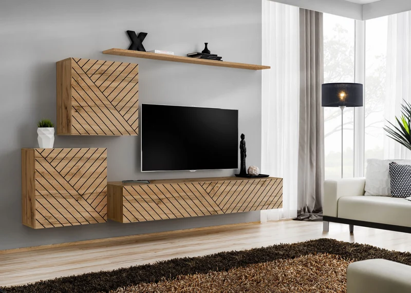 Sharif - Parete sospesa design per soggiorno in legno quercia con linee oblique nere