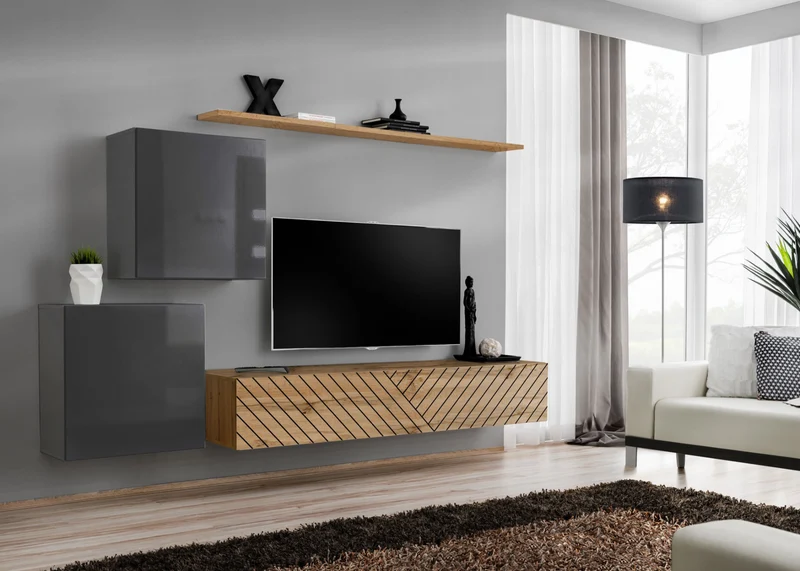 Dirar - Parete moderna set pensili antracite e quercia con fantasia geometrica - vari colori