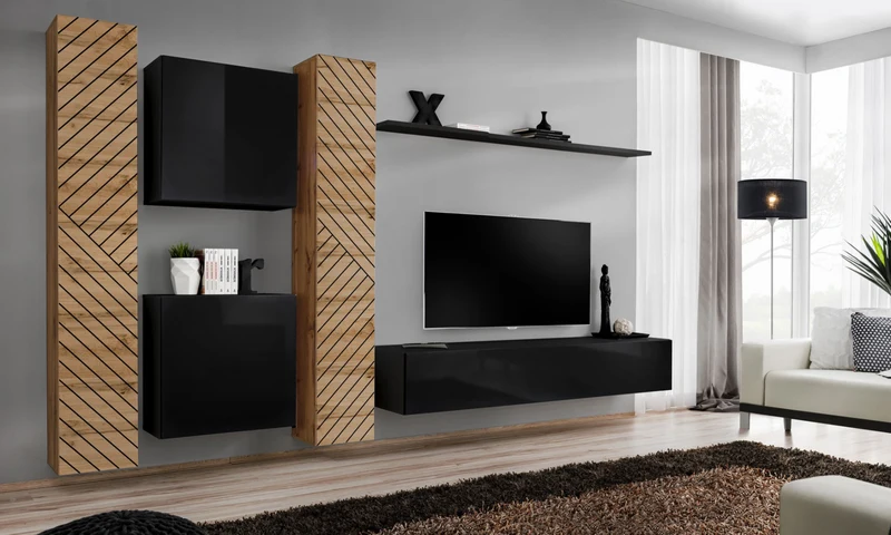 Laym - Parete attrezzata sospesa nero e quercia con righe oblique nero - vari colori