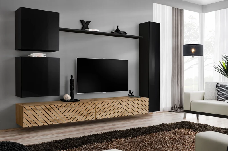 Bhea - Composizione pensili parete attrezzata nero e quercia decorata - vari colori