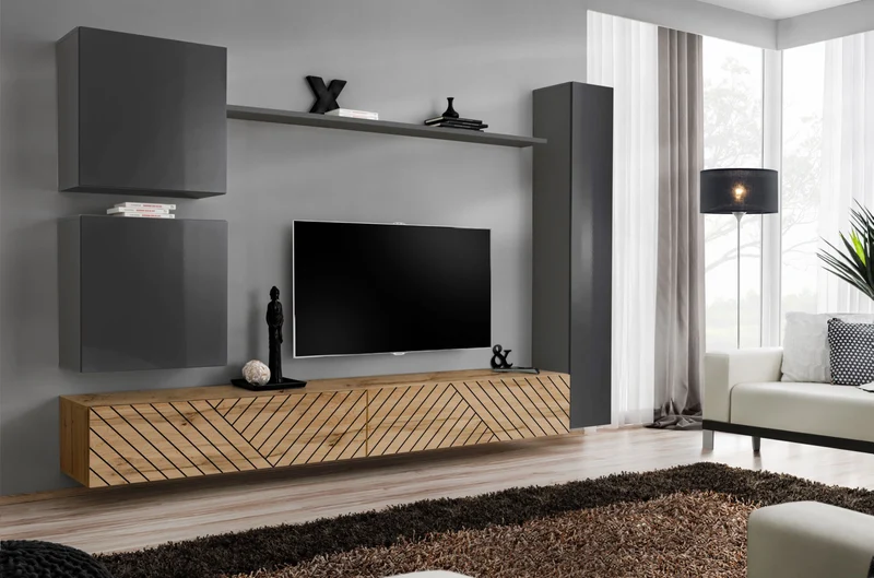Daby - Parete design sospesa soggiorno antracite e quercia lavorata - vari colori
