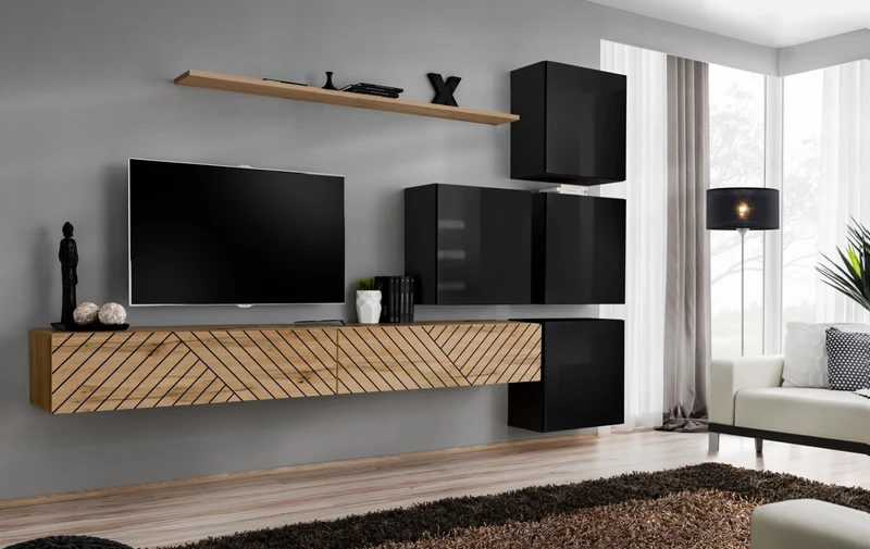 Emira - Parete sospesa living nero lucido e quercia con linee oblique - vari colori