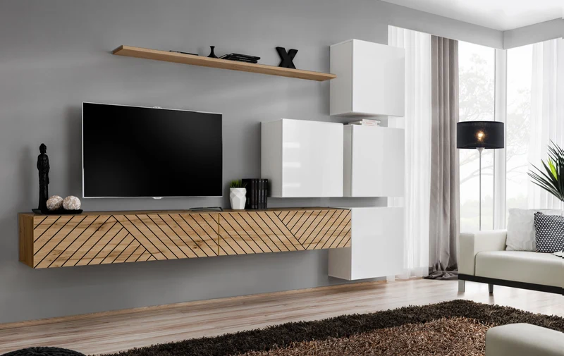 Isar - Parete salotto componibile bianco e quercia con fantasia geometrica - vari colori