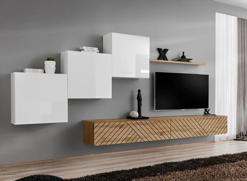 Mesly - Parete design sospesa bianco e quercia con linee nere oblique - vari colori