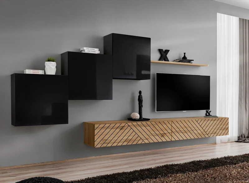 Kalila - Parete componibile soggiorno nero e quercia decorazione geometrica - vari colori
