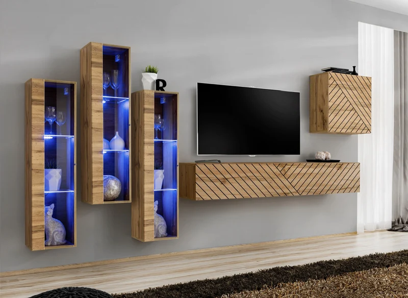 Duna - Composizione living set vetrine e pensili quercia con linee oblique nero