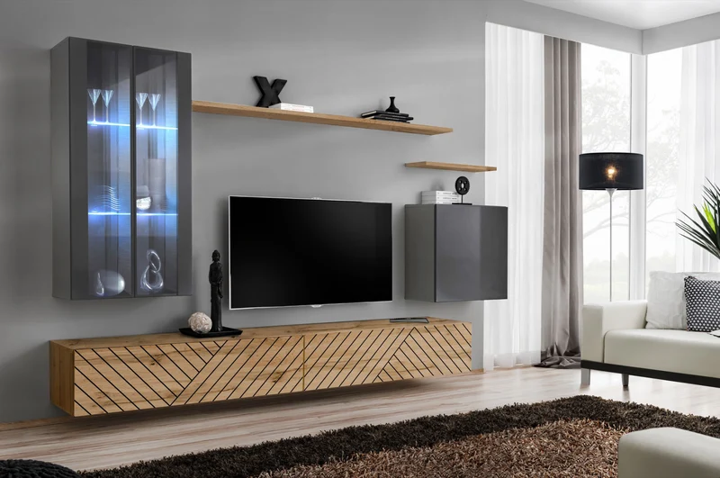 Briany - Parete moderna componibile in legno quercia decorata con vetrine - vari colori