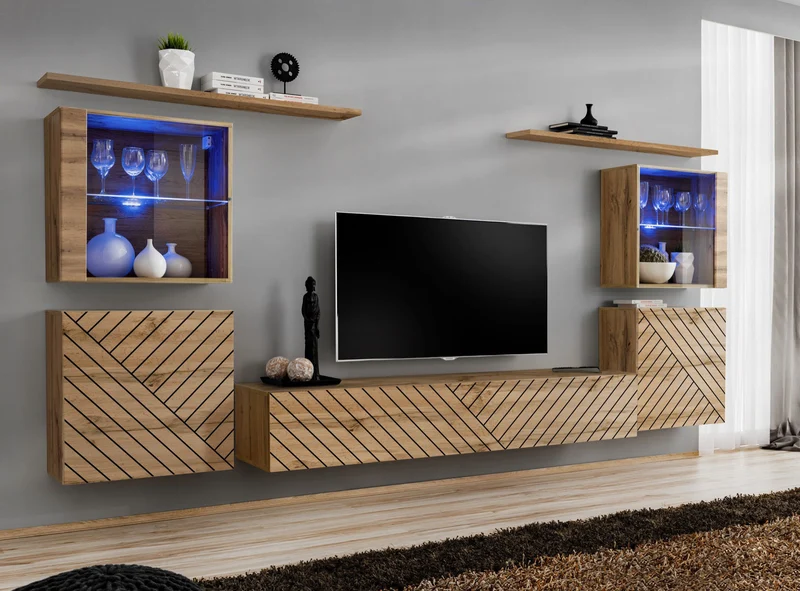 Gawe - Parete living sospesa con vetrinette colore quercia con fantasia geometrica